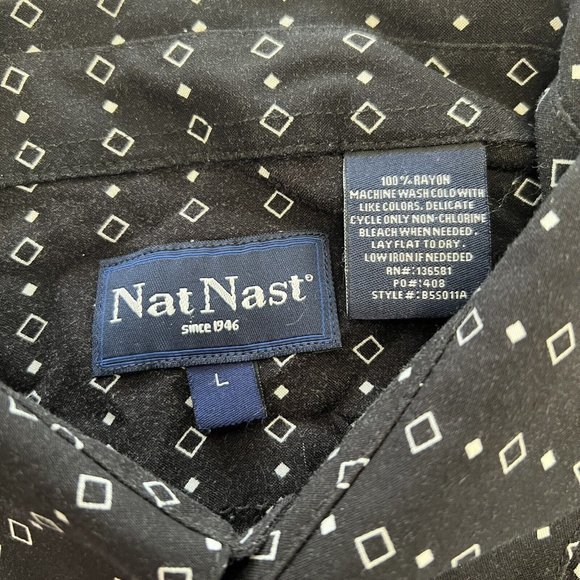 Nat Nast Men's Large Black Geometric Rayon Short Sleeve Button Front Shirt - Picture 4 of 4